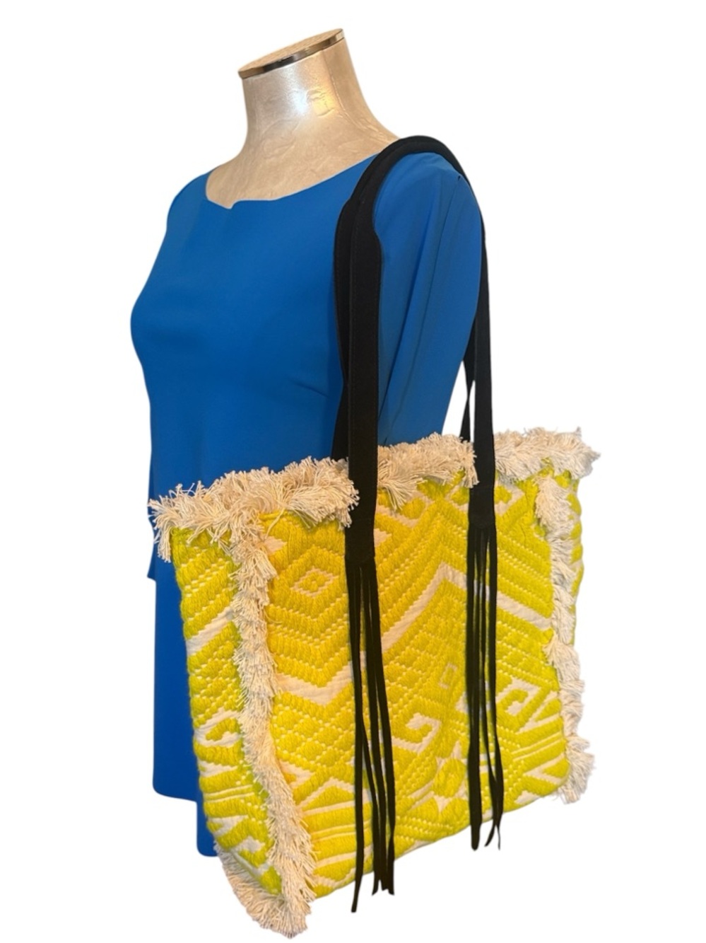 Soft Surroundings Yellow Woven Fringe Tote Bag Boho Cotton Large Handbag